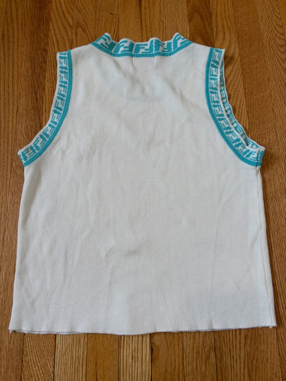F Icon White Knit Sleeveless Top with Turquoise-Blue FF Trim - Picture 3 of 5